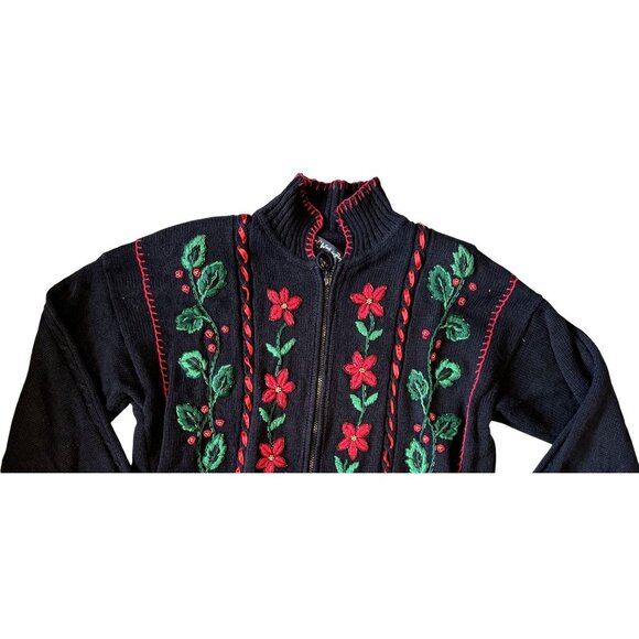 Work In Progress Christmas Sweater Poinsettia Black Embroidered Cardigan XL Zip - Picture 2 of 6